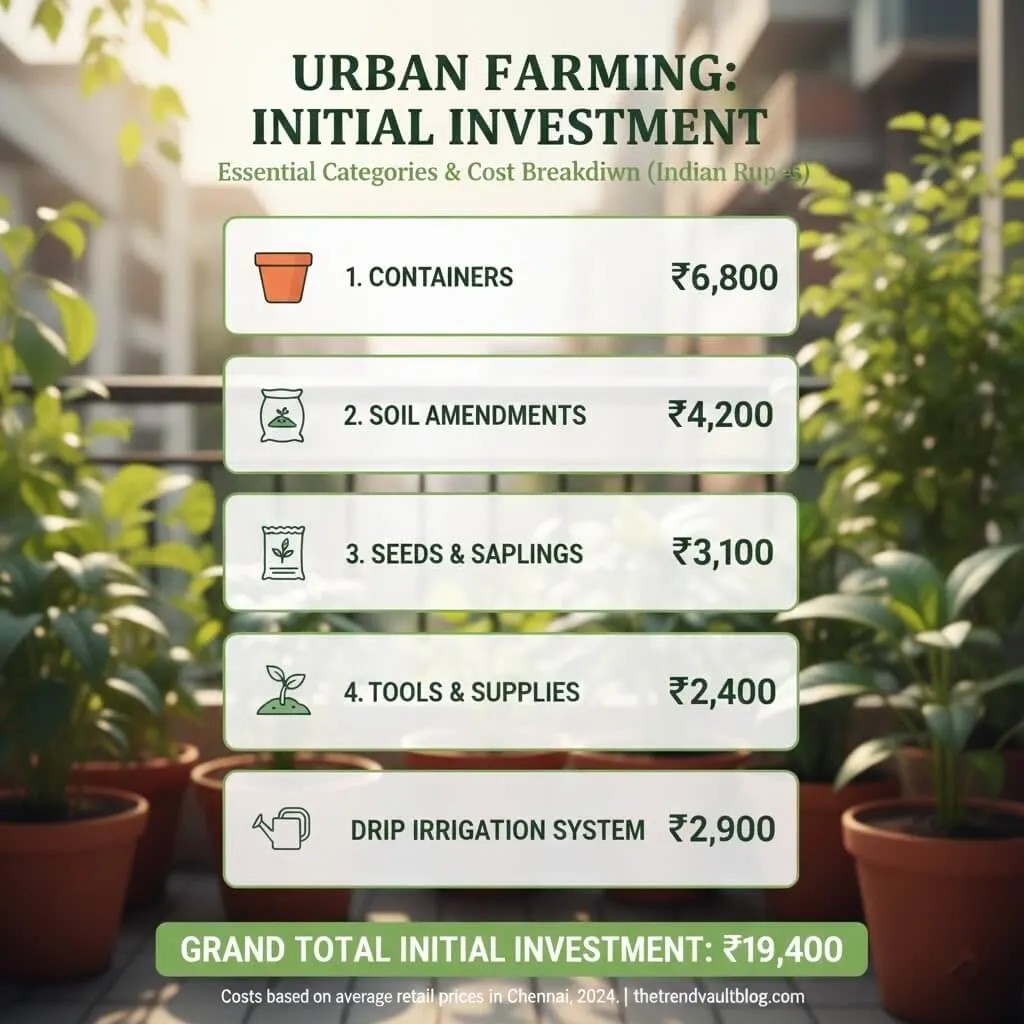 Initial investment cost breakdown for urban farming showing containers ₹6800, soil ₹4200, seeds ₹3100, tools ₹2400, irrigation ₹2900 totaling ₹19400 setup cost