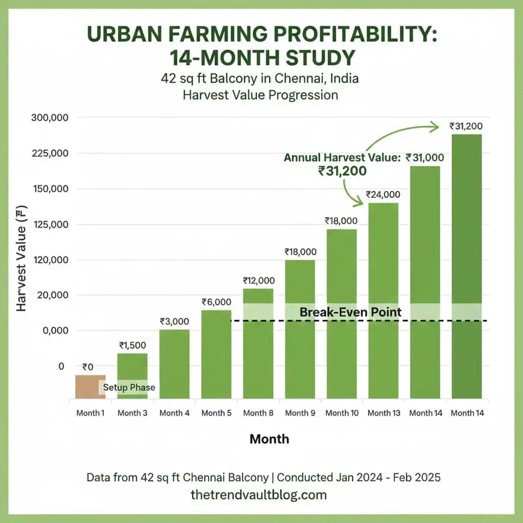 14 month urban farming profitability graph showing harvest value increasing from Month 3 to Month 14 with break-even point at Month 11 marked in Chennai balcony garden