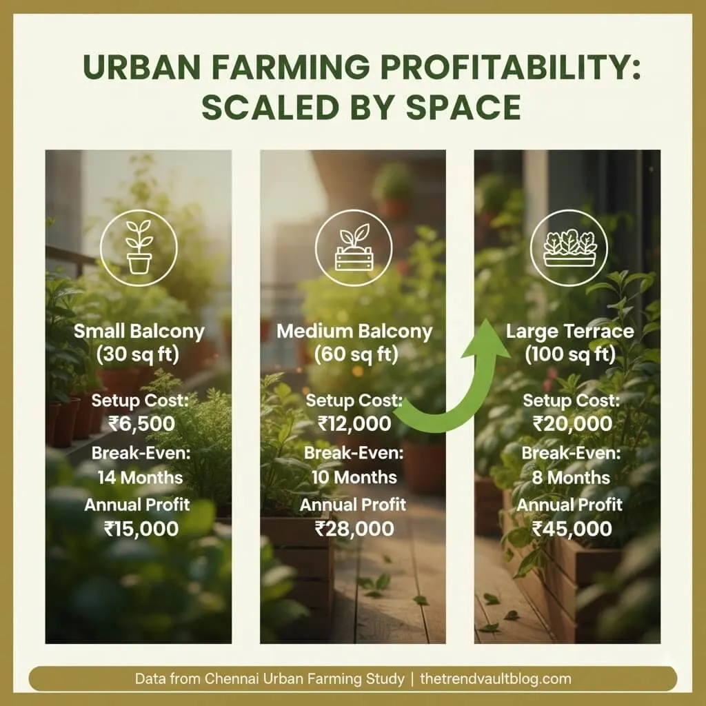 Profitability comparison by space size for urban farming showing 30 sq ft earning ₹16260 annually, 60 sq ft earning ₹33720, and 100 sq ft earning ₹74640 in Year 2 profits