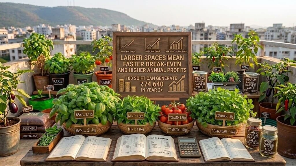 urban farming profit by space size 30 60 100 sq ft India