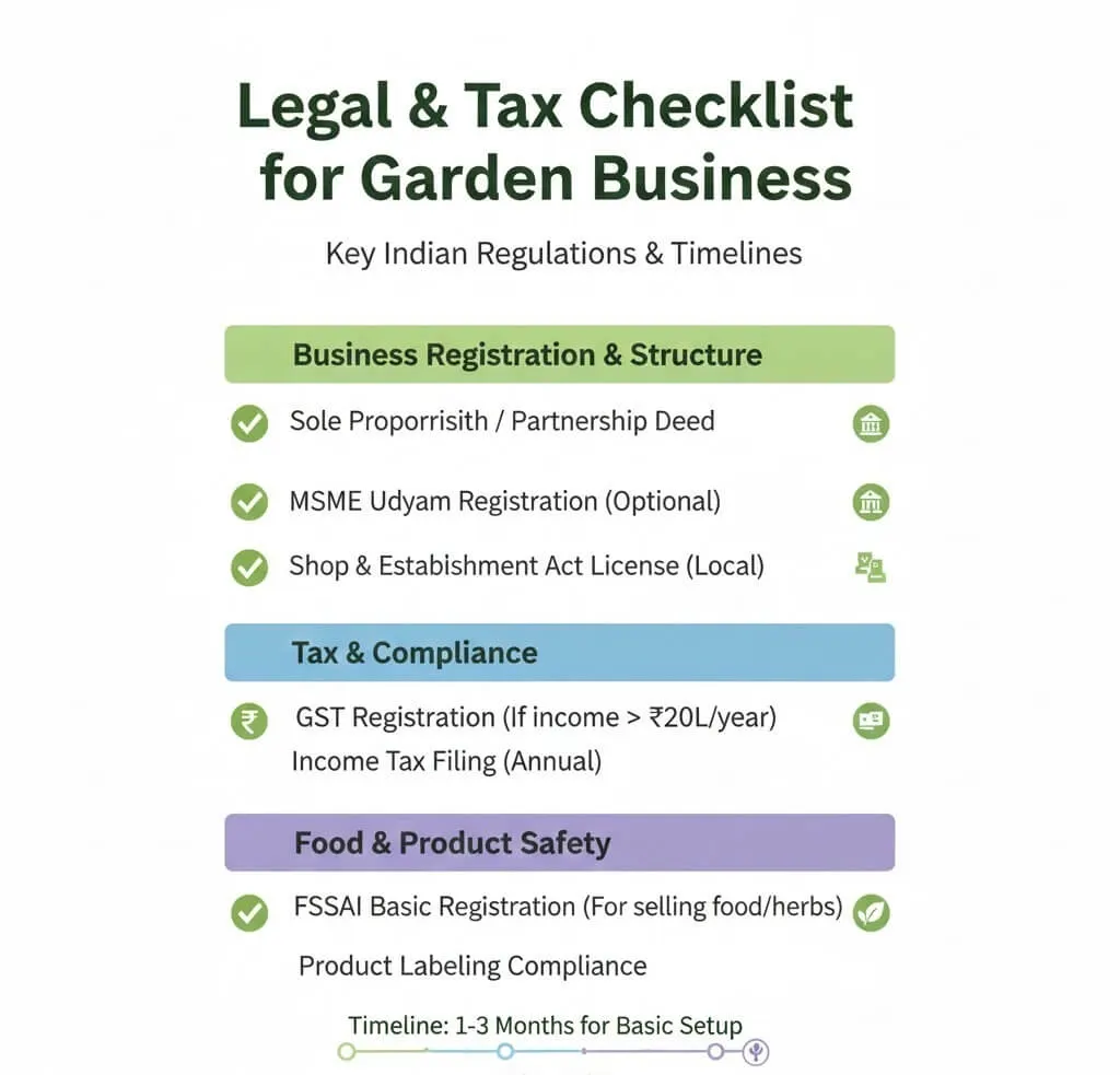 Legal tax requirements urban gardening business India GST FSSAI registration checklist