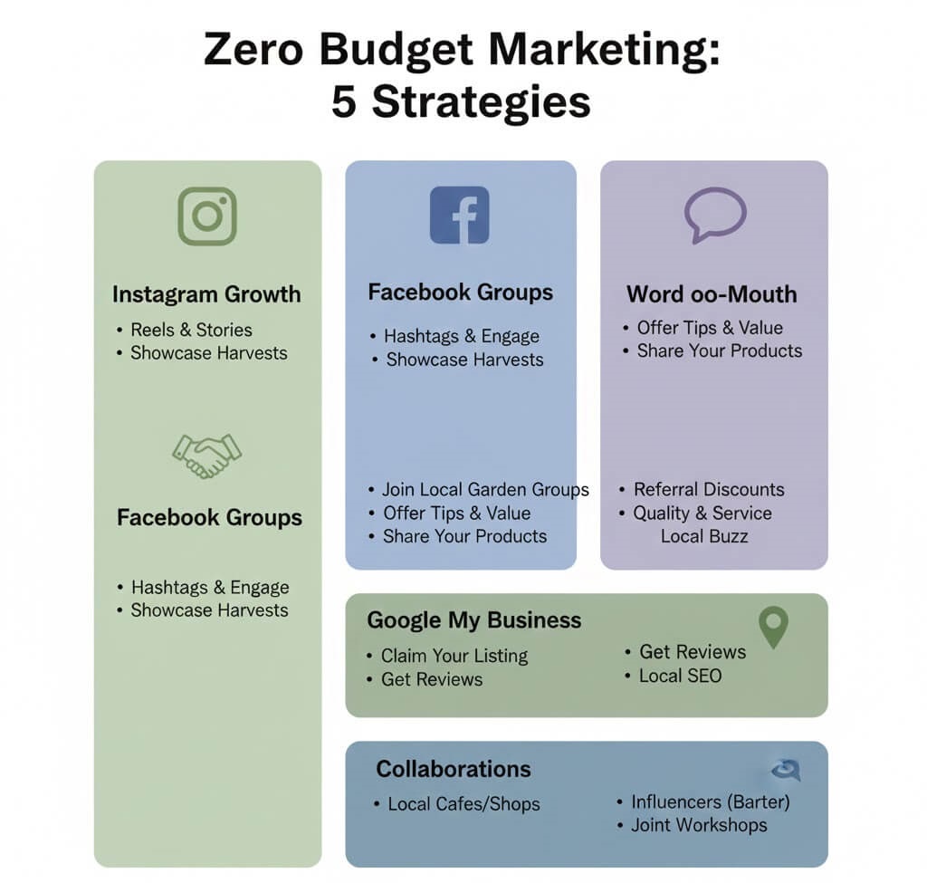 Zero budget marketing strategies urban gardening business Instagram Facebook local