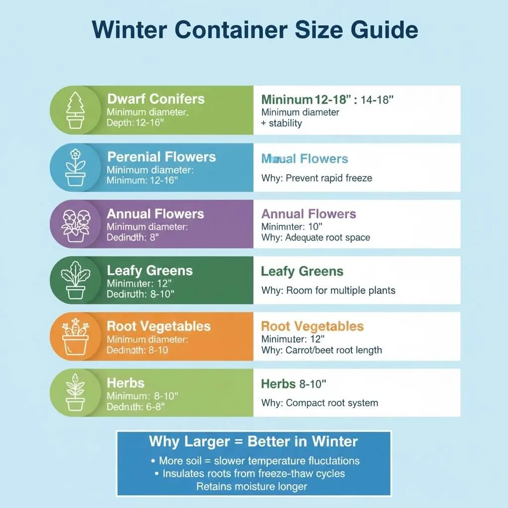 Container size guide infographic showing minimum dimensions for winter balcony plants by type