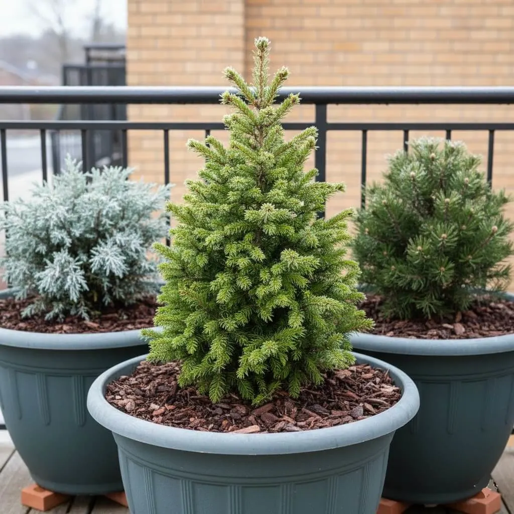 Dwarf conifer collection in frost-proof containers with proper elevation and mulching for winter protection