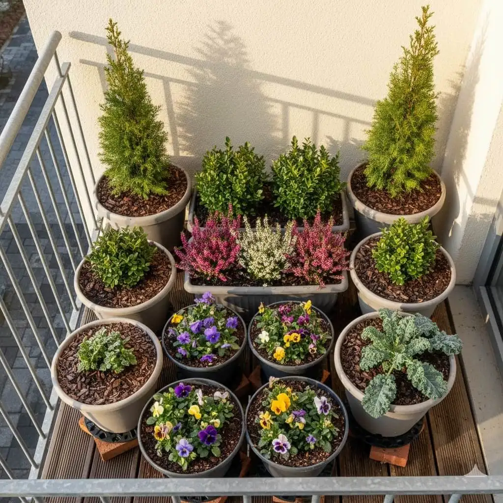 Grouped winter containers arranged strategically against wall with tallest plants providing wind protection