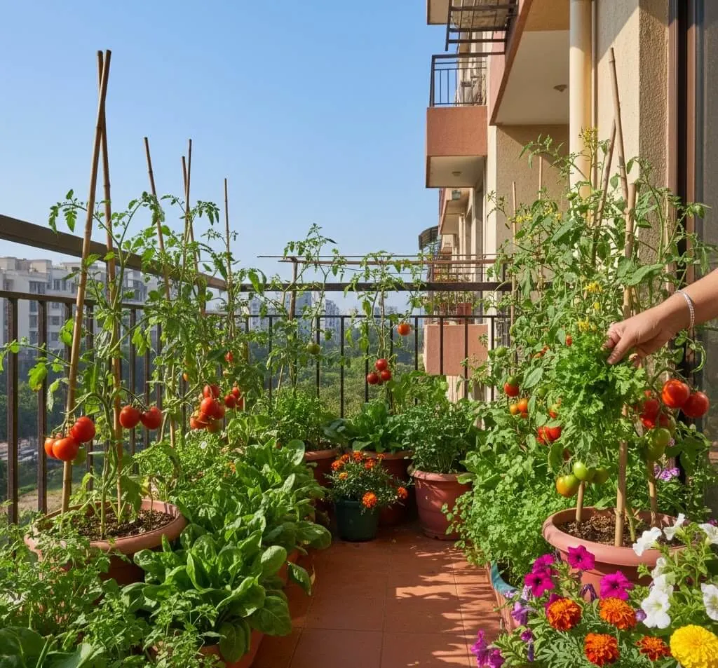 Thriving Indian balcony garden in December with tomatoes, leafy greens, coriander, and flowers growing abundantly