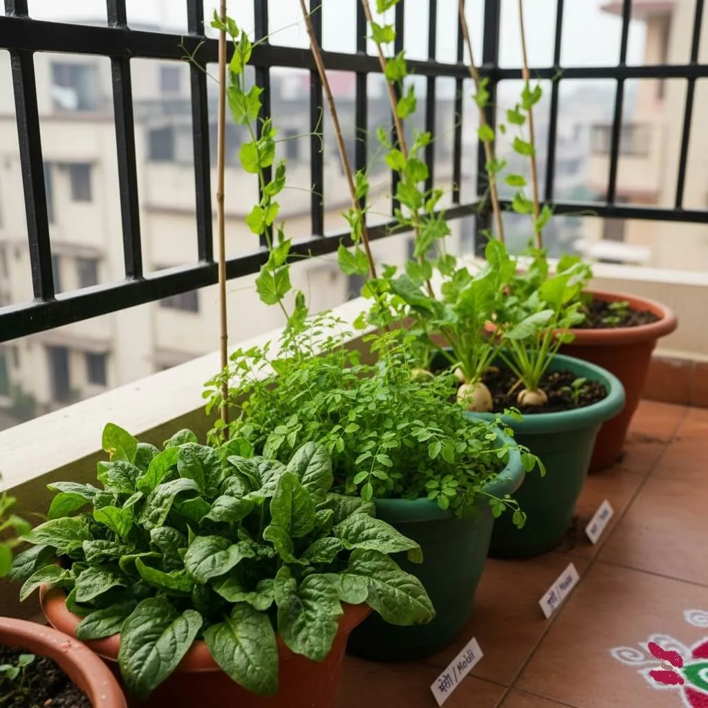 Indian winter vegetables growing in balcony containers: palak, methi, mooli, and green peas