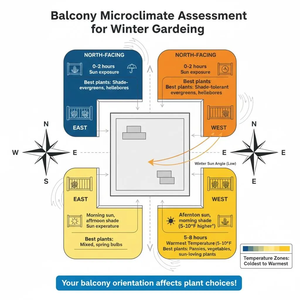Balcony microclimate diagram showing sun exposure and temperature differences by orientation (N/S/E/W)