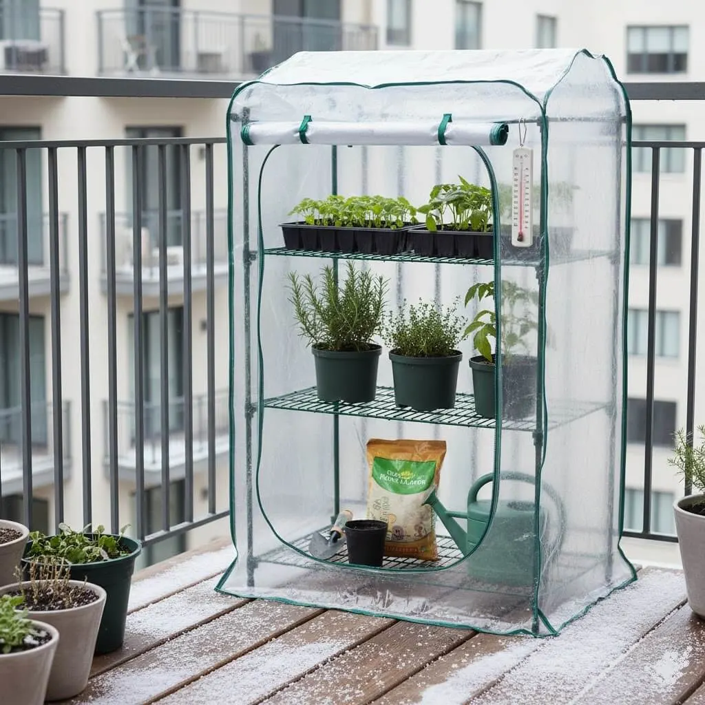 Portable mini greenhouse on balcony providing extra winter protection for tender plants and seedlings