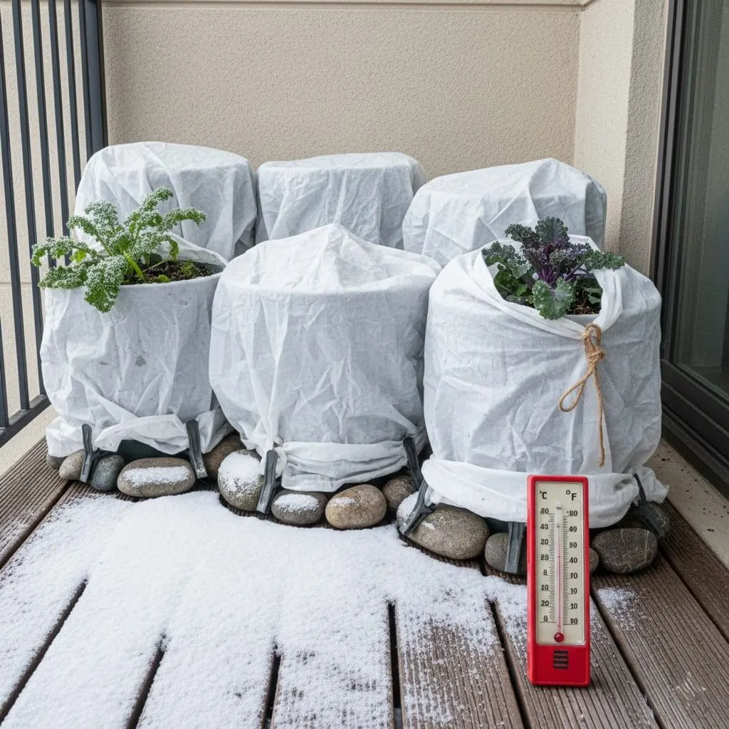 Winter garden plants protected with frost cloth draped over containers and anchored with stones during cold snap