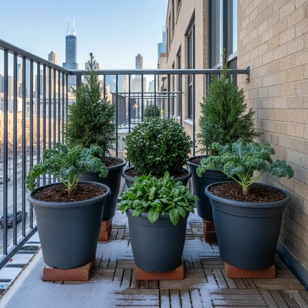 Sarah's Chicago balcony winter garden setup with 6 containers of evergreens and vegetables grouped against wall