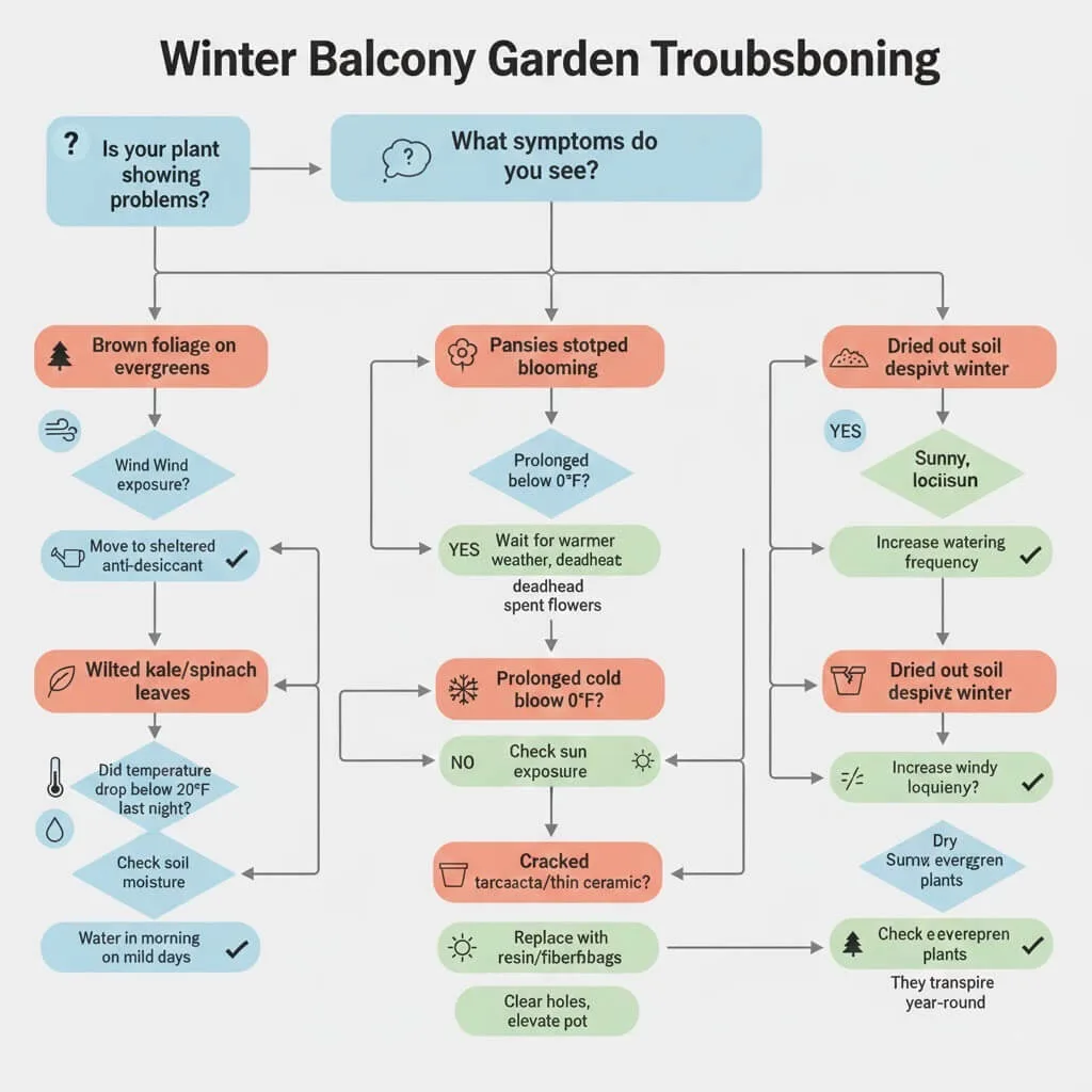Troubleshooting flowchart for diagnosing and fixing common winter balcony garden problems