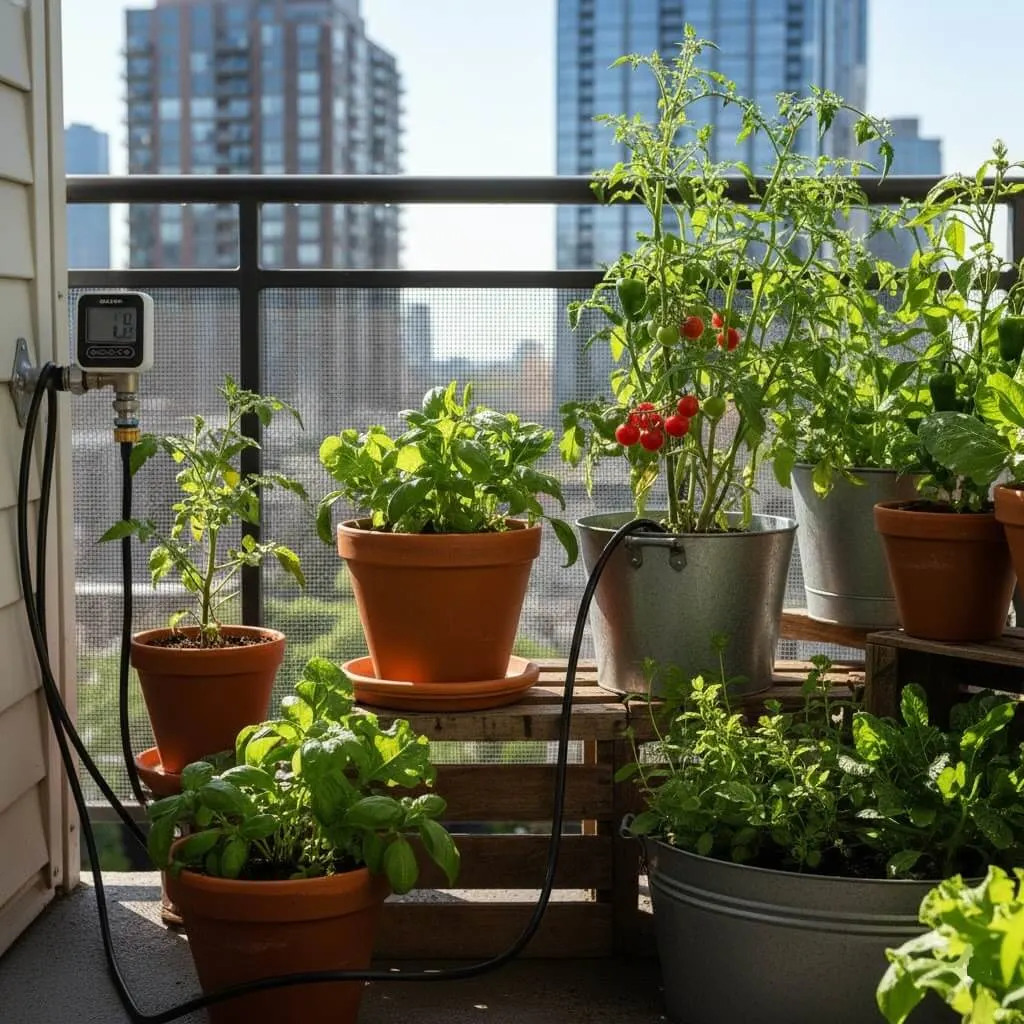 automated drip irrigation system watering multiple balcony containers from a timer