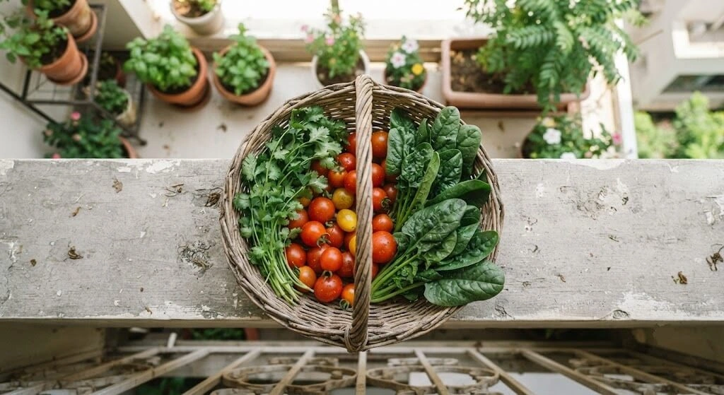 Fresh vegetable and herb harvest from an Indian balcony garden