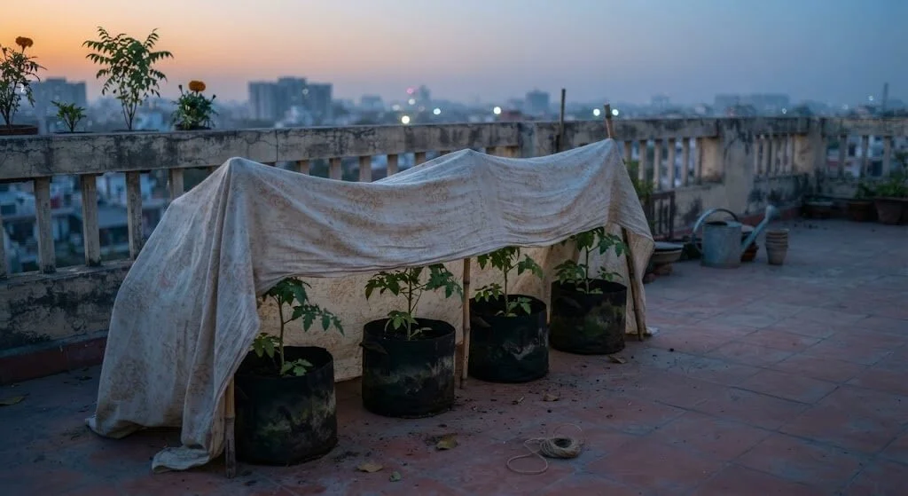 Cotton bedsheet draped over tomato seedlings for frost protection in Delhi