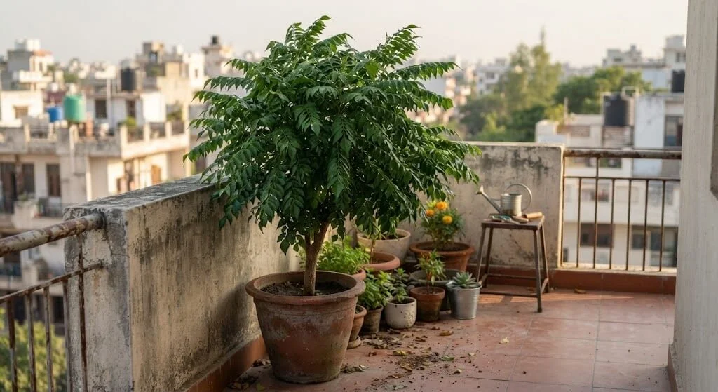 Curry leaf plant used as a living windbreak on an Indian balcony
