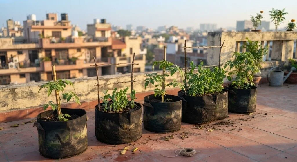 Delhi terrace with five grow bags set up for winter growing season