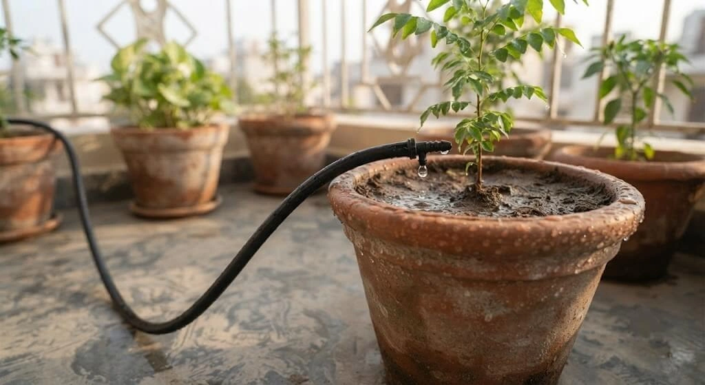 DIY drip irrigation system watering balcony containers in India
