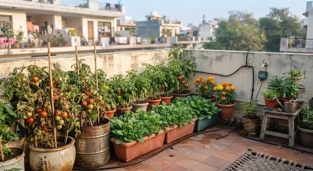 Simple drip irrigation system watering a large-scale winter balcony garden