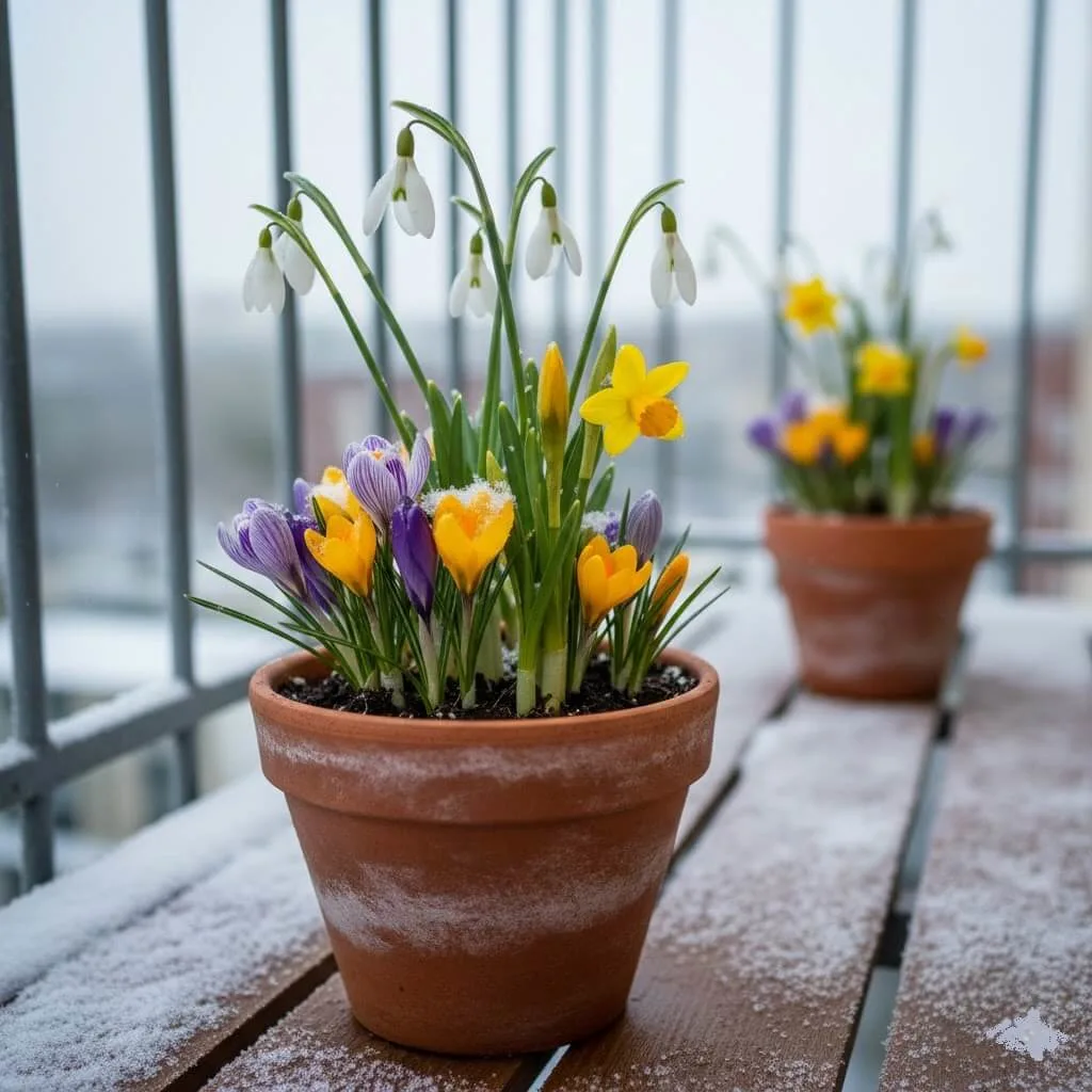 layered container of snowdrops crocuses and daffodils blooming through late winter snow on a balcony