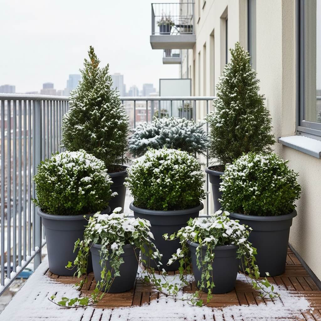 evergreen backbone display with dwarf conifers boxwood and trailing ivy on a small winter balcony in a cold climate