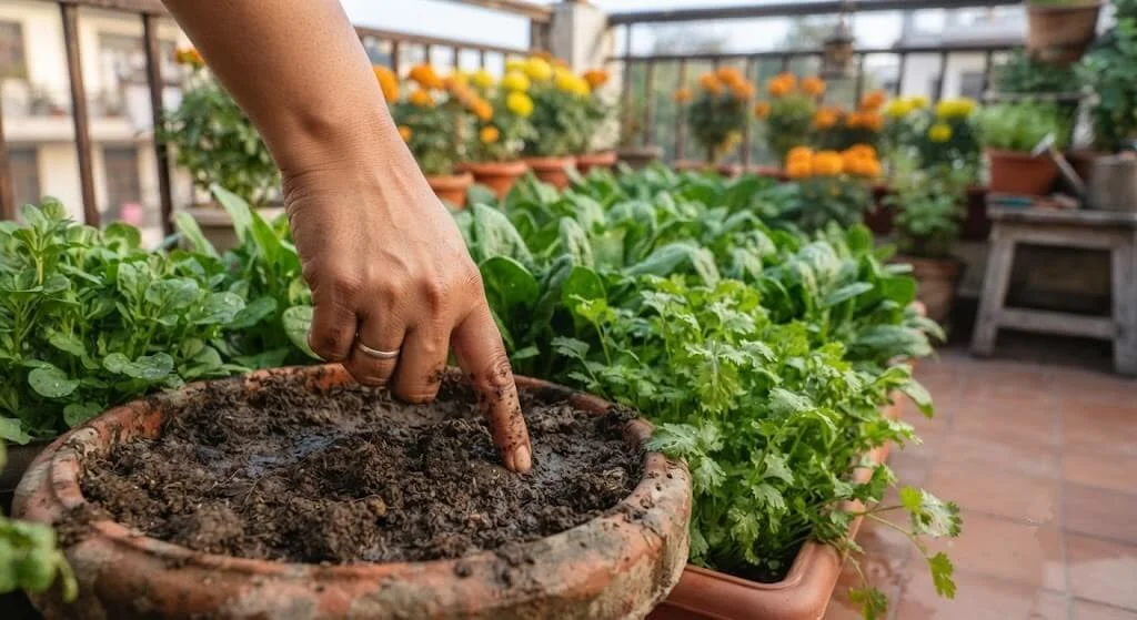 Finger test checking soil moisture in a winter container garden