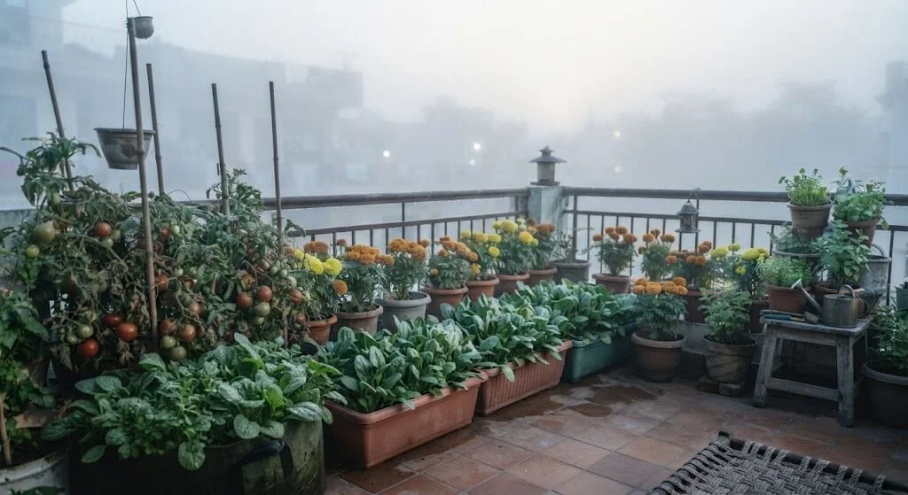 Delhi balcony garden under hazy fog-reduced winter sunlight