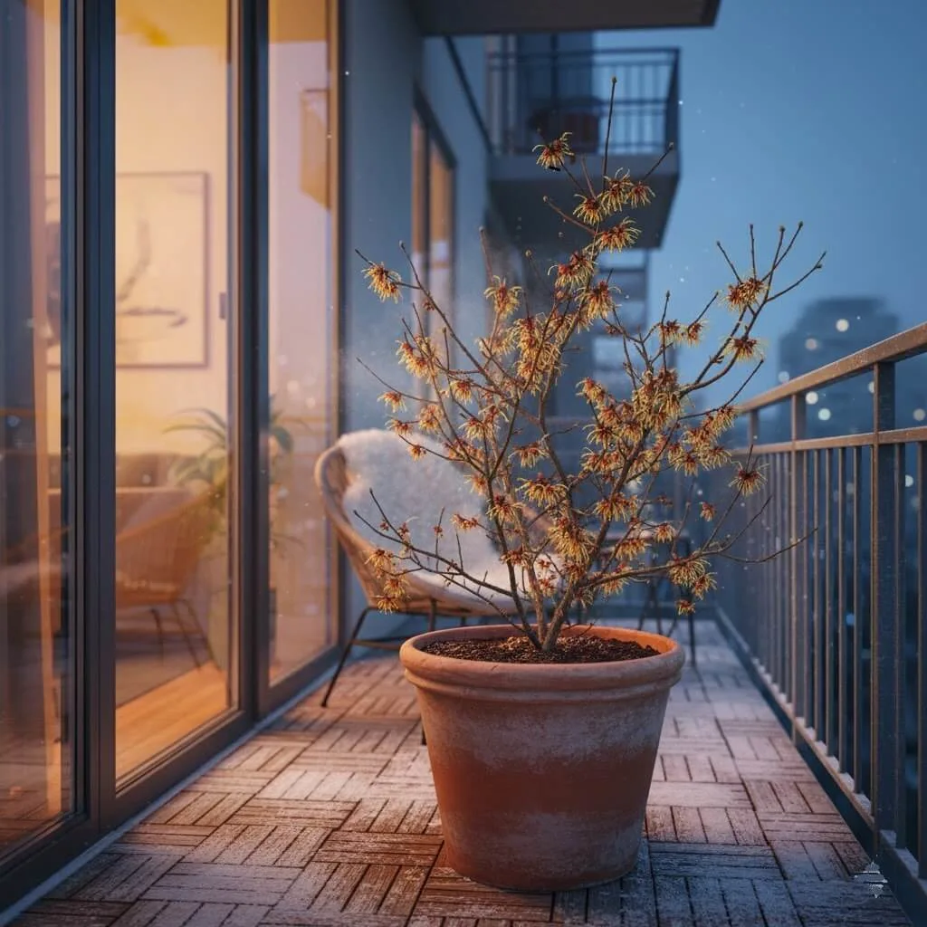 fragrant winter shrub such as witch hazel blooming in a large pot beside a cozy balcony seating corner