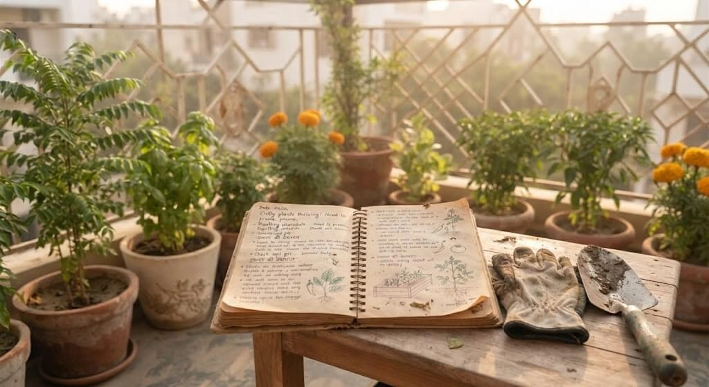 Open garden journal with handwritten notes on an Indian balcony table