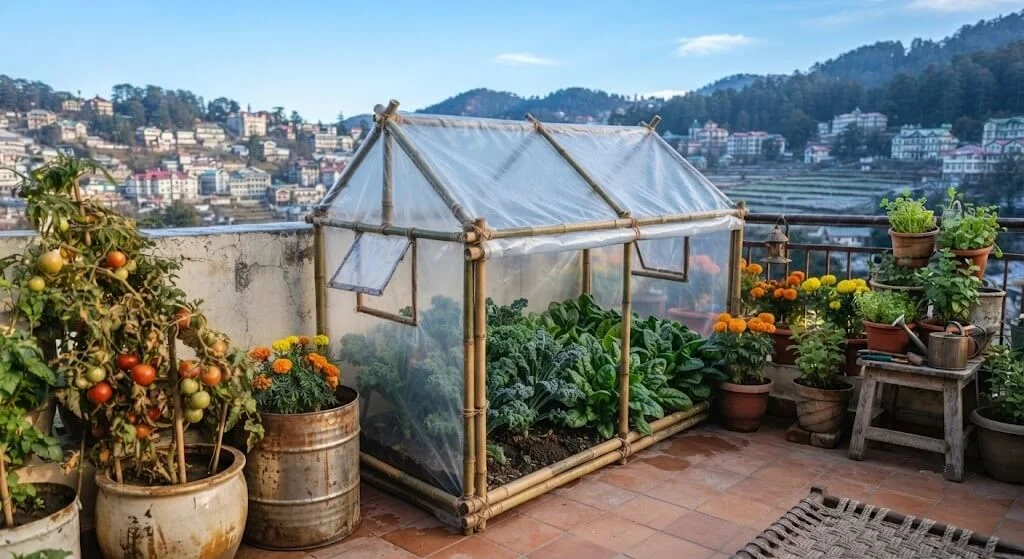 Budget DIY mini greenhouse made from bamboo and polythene for a hill station balcony