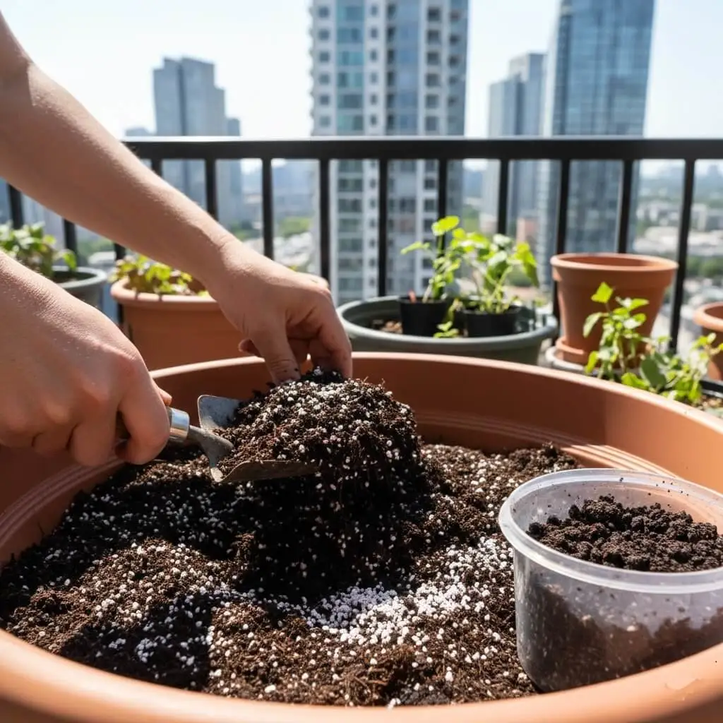 urban gardener mixing compost and worm castings into balcony container soil for better plant health
