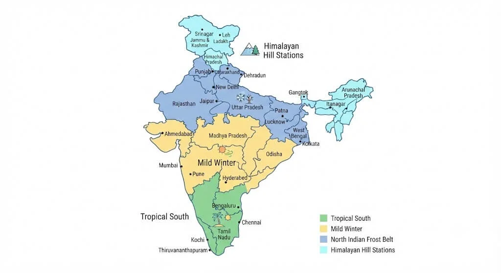 Map illustrating India's four winter gardening zones from tropical to hill station