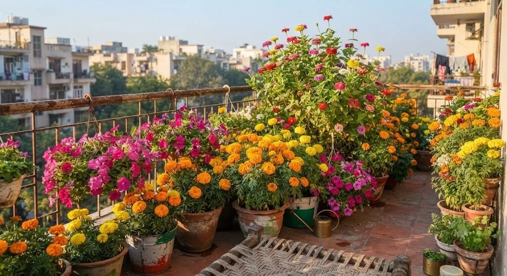 Marigold, petunia, and zinnia flowers blooming on an Indian winter balcony