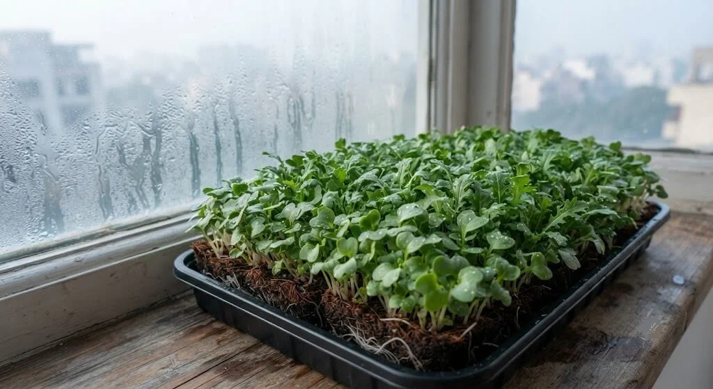 Microgreens tray showing slower but viable growth during a winter cold snap