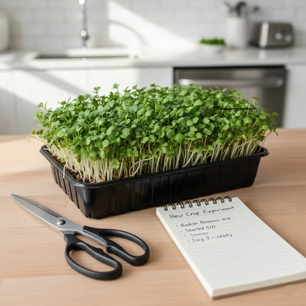 tray of fresh microgreens on a kitchen counter with a notebook tracking a new crop experiment