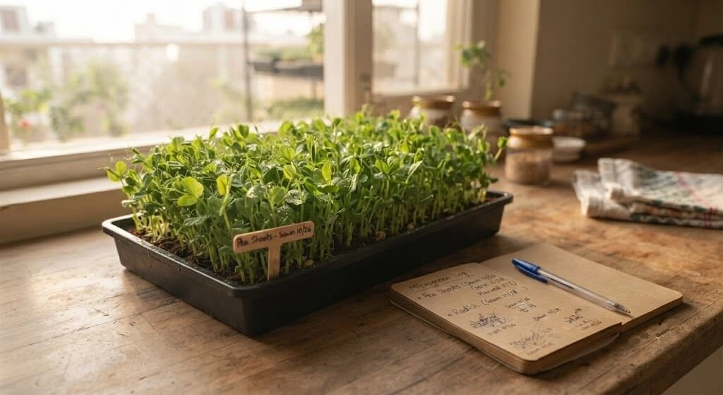 Tray of fresh microgreens as a new crop experiment on an Indian balcony