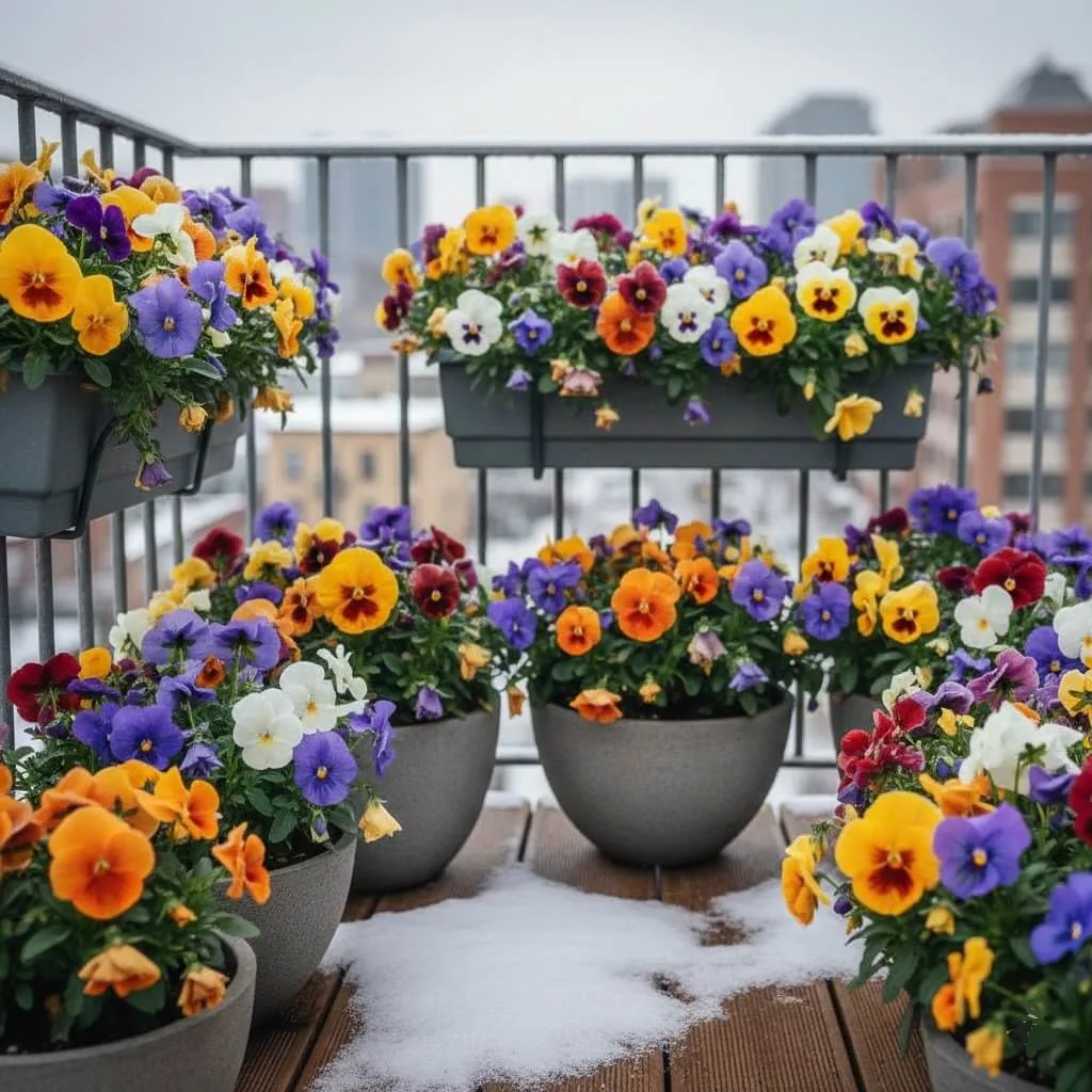 colorful pansy and viola rainbow pots adding winter balcony color with flowers blooming through light snow