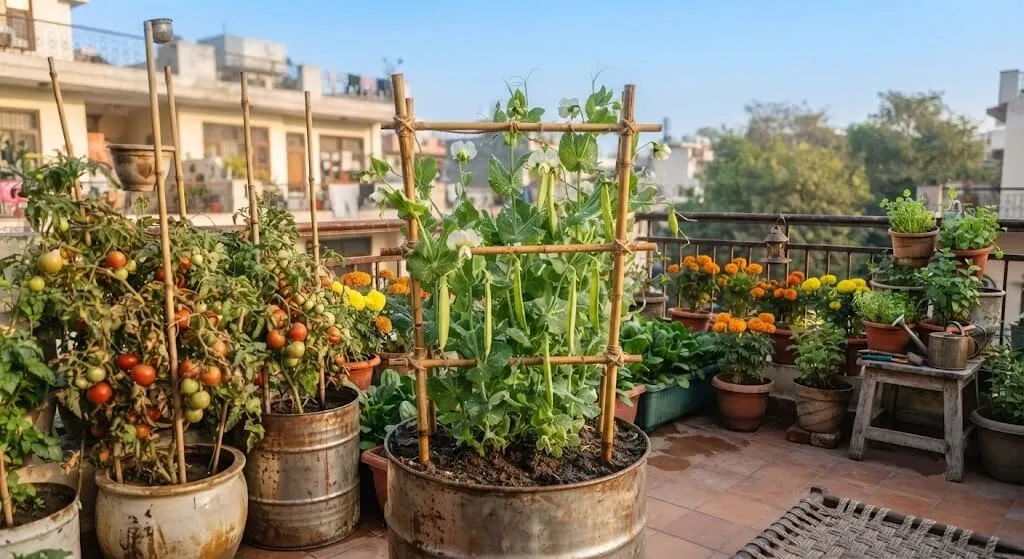 Green pea plants climbing a trellis in a North Indian winter balcony garden