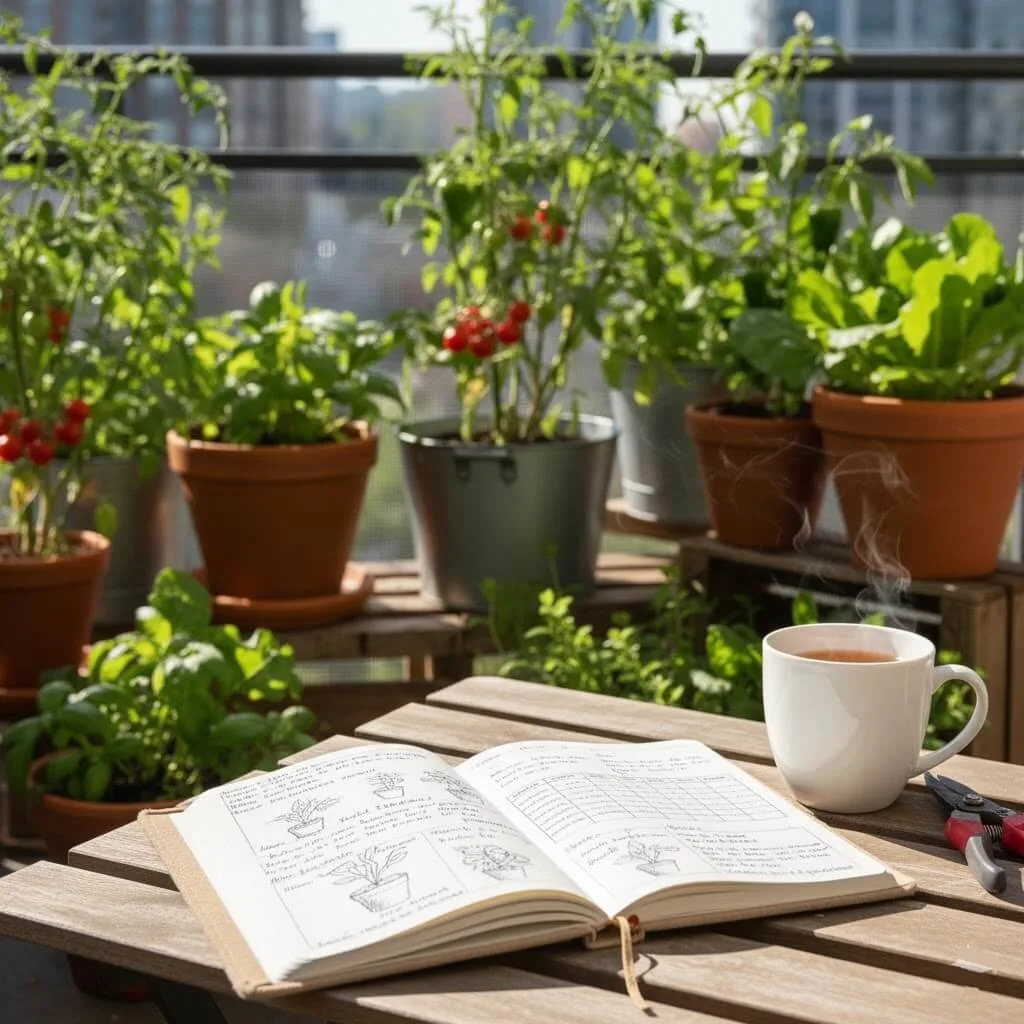open garden journal with handwritten notes and sketches on a balcony table in an urban garden