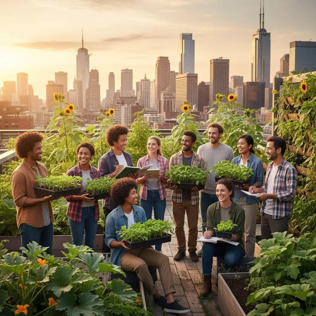 diverse group of urban gardeners sharing seedlings and advice on a rooftop garden at sunset