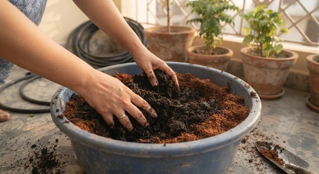 : Mixing vermicompost into container soil for better plant health
