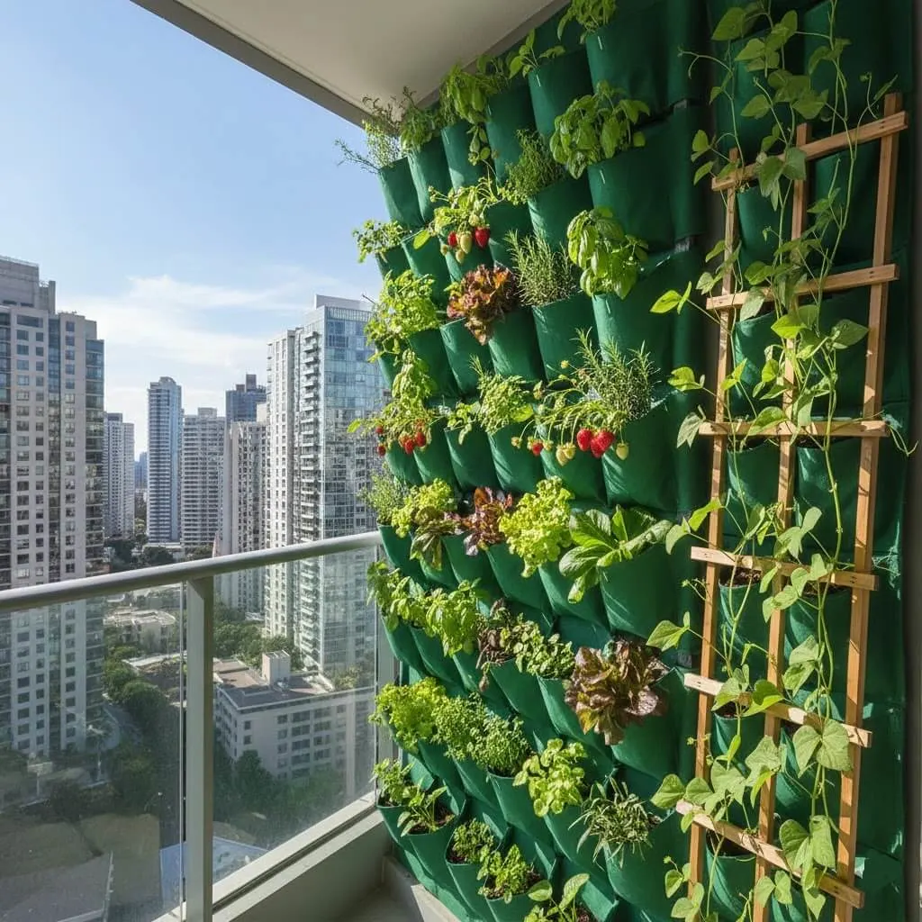 vertical garden on a small balcony wall with herbs strawberries and lettuce in pocket planters