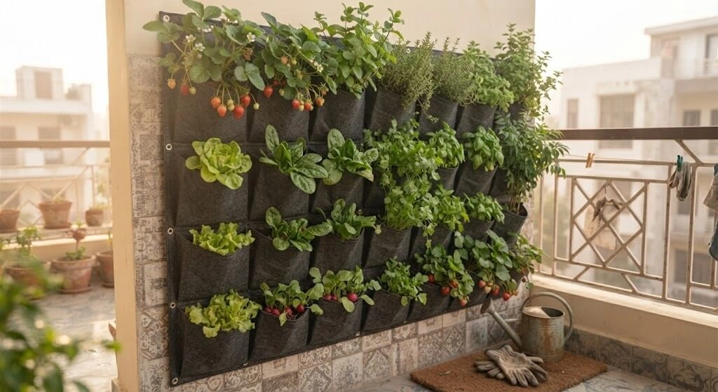 Vertical garden with wall-mounted pocket planters on an Indian balcony wall