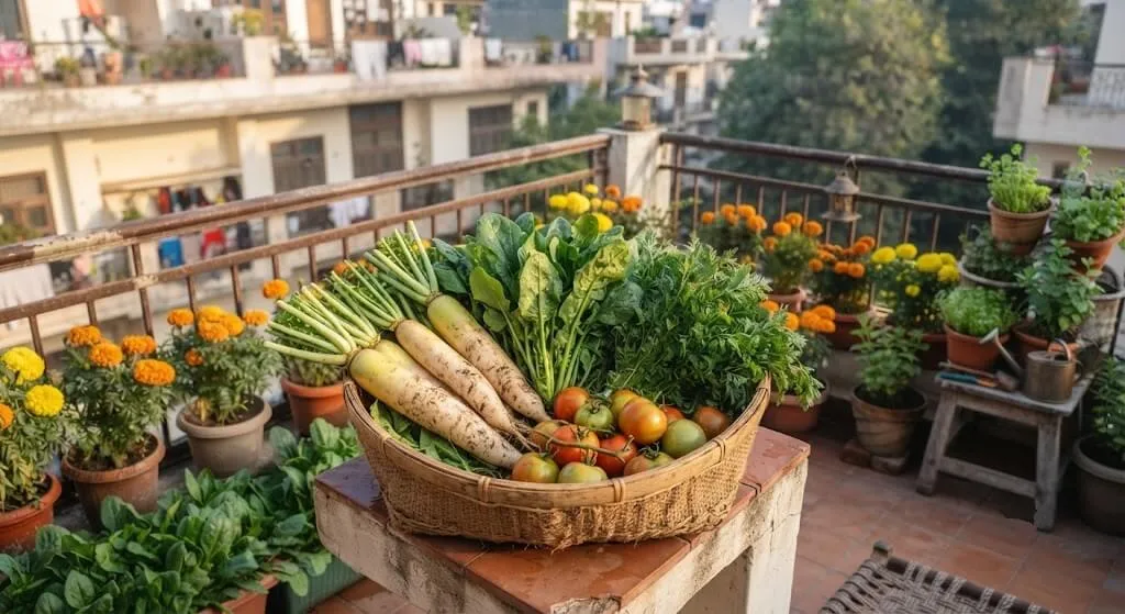 Fresh winter harvest basket of Indian vegetables and greens from a balcony garden