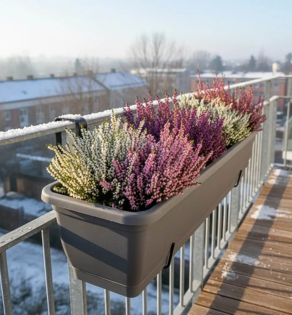 winter heather trough planter on a sunny balcony filled with Erica carnea in white pink and purple blooms