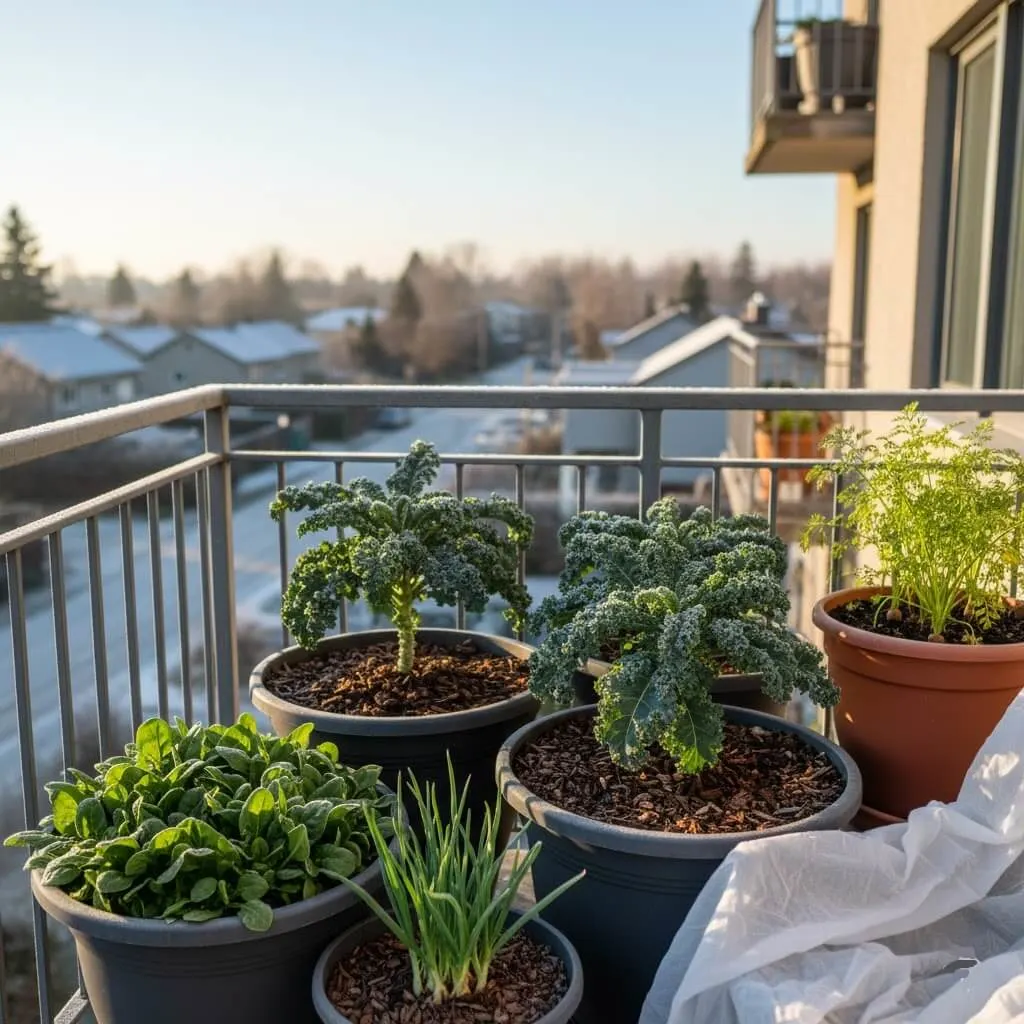 winter balcony vegetable container garden with kale spinach carrots and green onions in deep pots on a south facing balcony