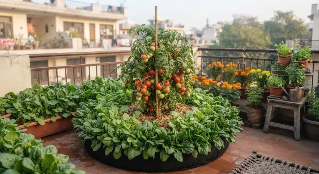 A deep grow bag growing tomato, mooli, and palak together as a winter power bowl
