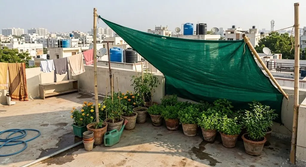 50 percent shade cloth rigged western side Indian apartment terrace afternoon shadow over methi coriander containers