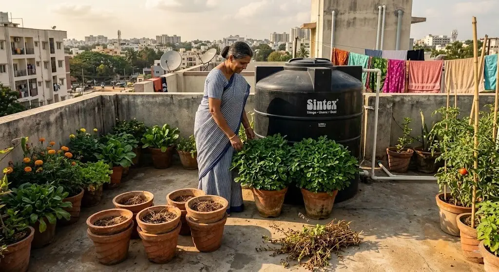 Indian woman Bangalore rooftop terrace methi containers in water tank afternoon shadow zone 42-day harvest