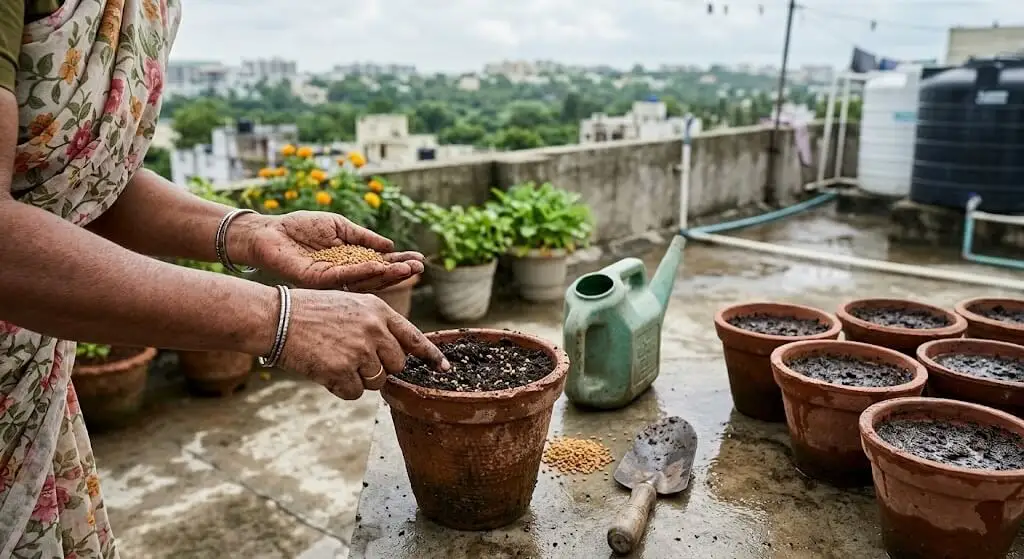 Indian gardener sowing methi seeds August post-monsoon 6-inch terracotta pots secondary anti-bolting window